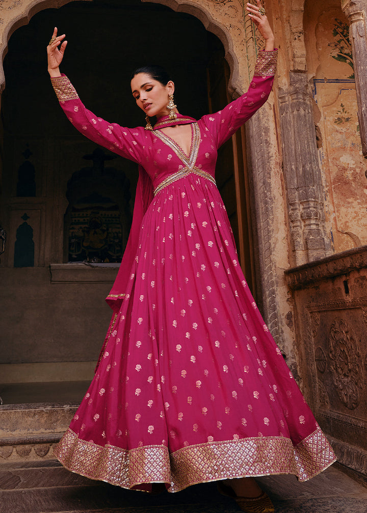 Hot Pink Viscose Jacquard Silk Anarkali Suit with Front & Back Embroidery