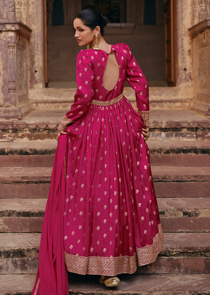 Hot Pink Viscose Jacquard Silk Anarkali Suit with Front & Back Embroidery