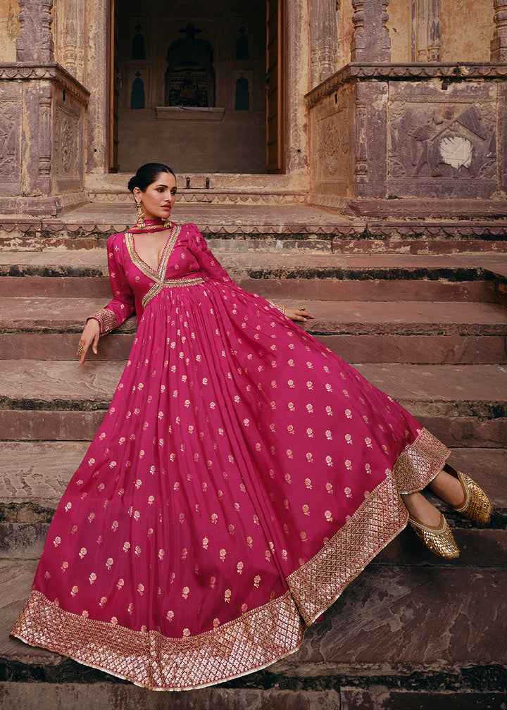 Hot Pink Viscose Jacquard Silk Anarkali Suit with Front & Back Embroidery