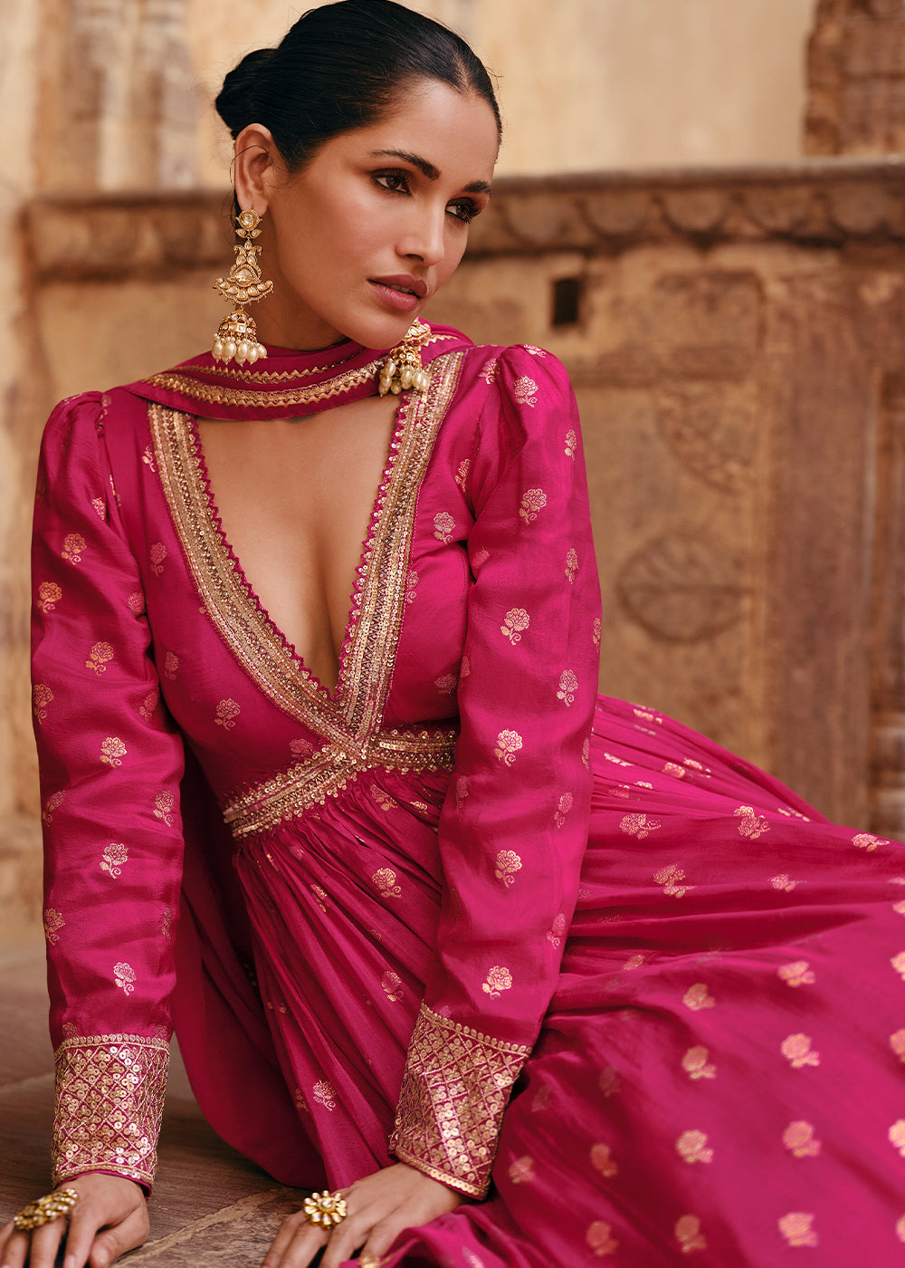 Hot Pink Viscose Jacquard Silk Anarkali Suit with Front & Back Embroidery