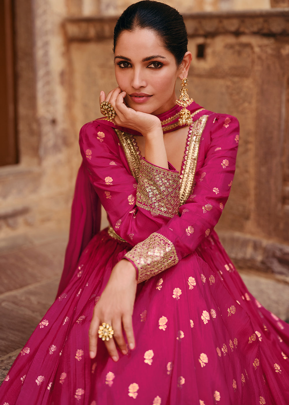 Hot Pink Viscose Jacquard Silk Anarkali Suit with Front & Back Embroidery