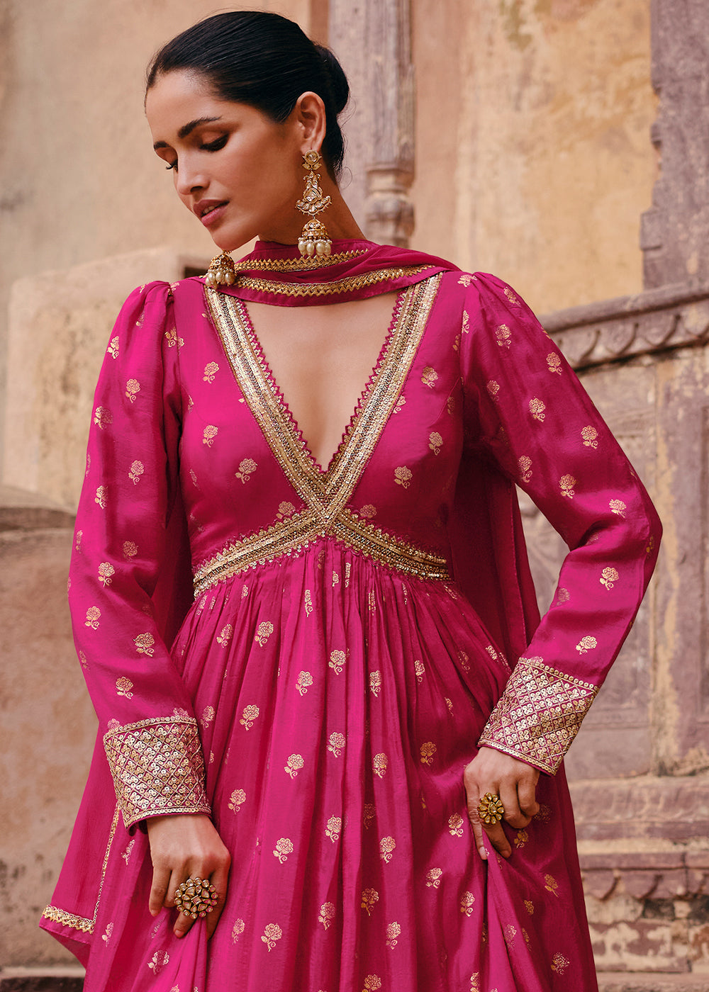 Hot Pink Viscose Jacquard Silk Anarkali Suit with Front & Back Embroidery