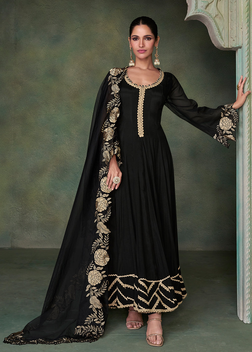 Sable Black Designer Silk Anarkali Suit with Organza Dupatta : Top Pick