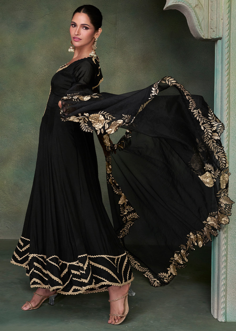 Sable Black Designer Silk Anarkali Suit with Organza Dupatta : Top Pick