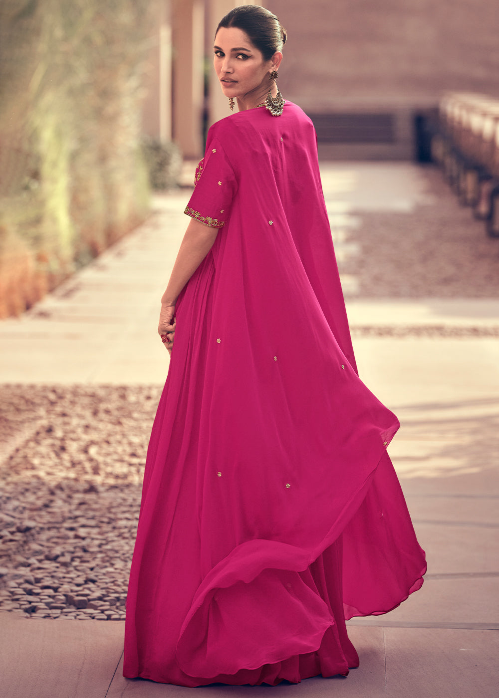 Bright Pink Chinon Silk Designer Anarkali Suit with Floral Embroidery work