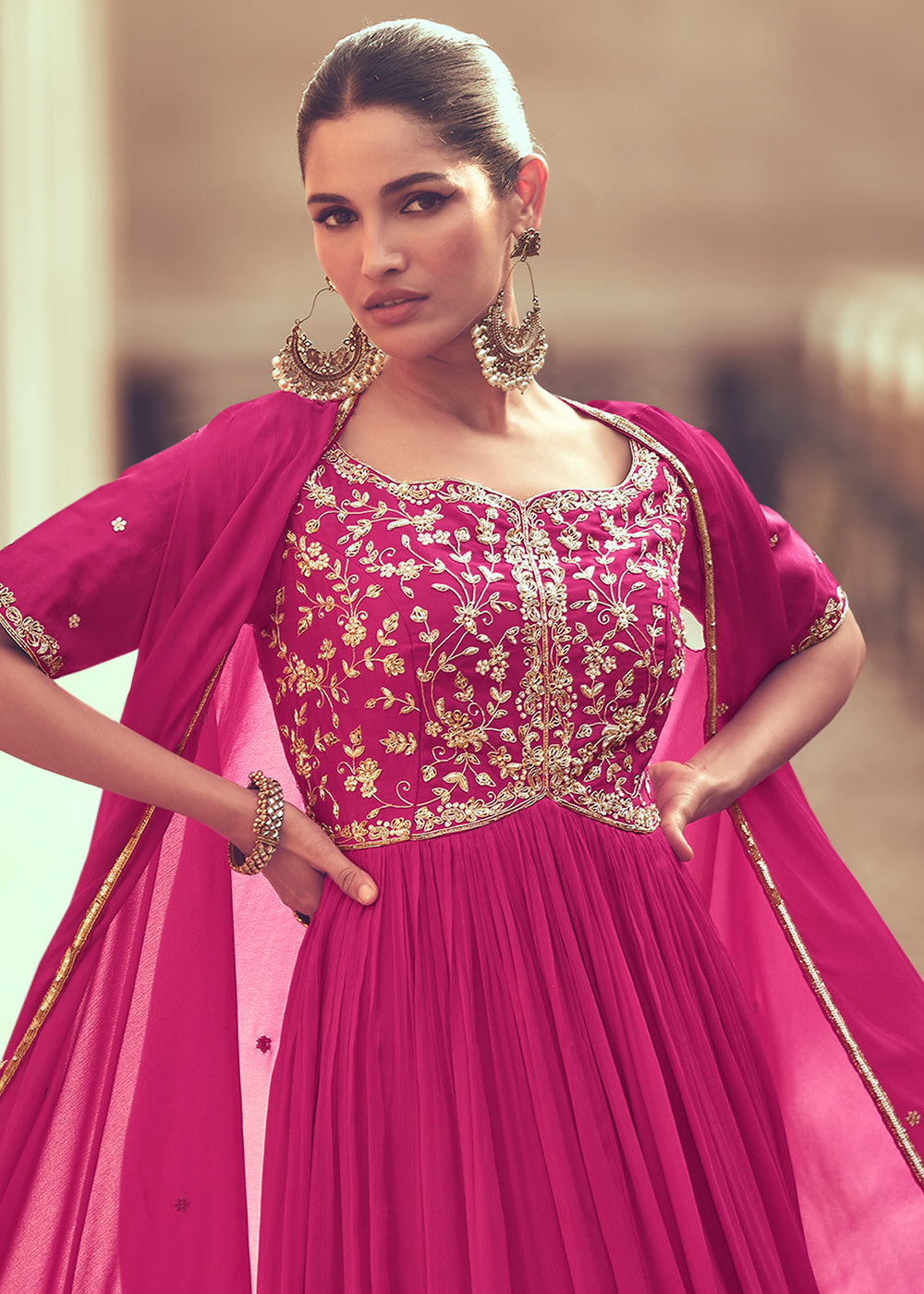 Bright Pink Chinon Silk Designer Anarkali Suit with Floral Embroidery work