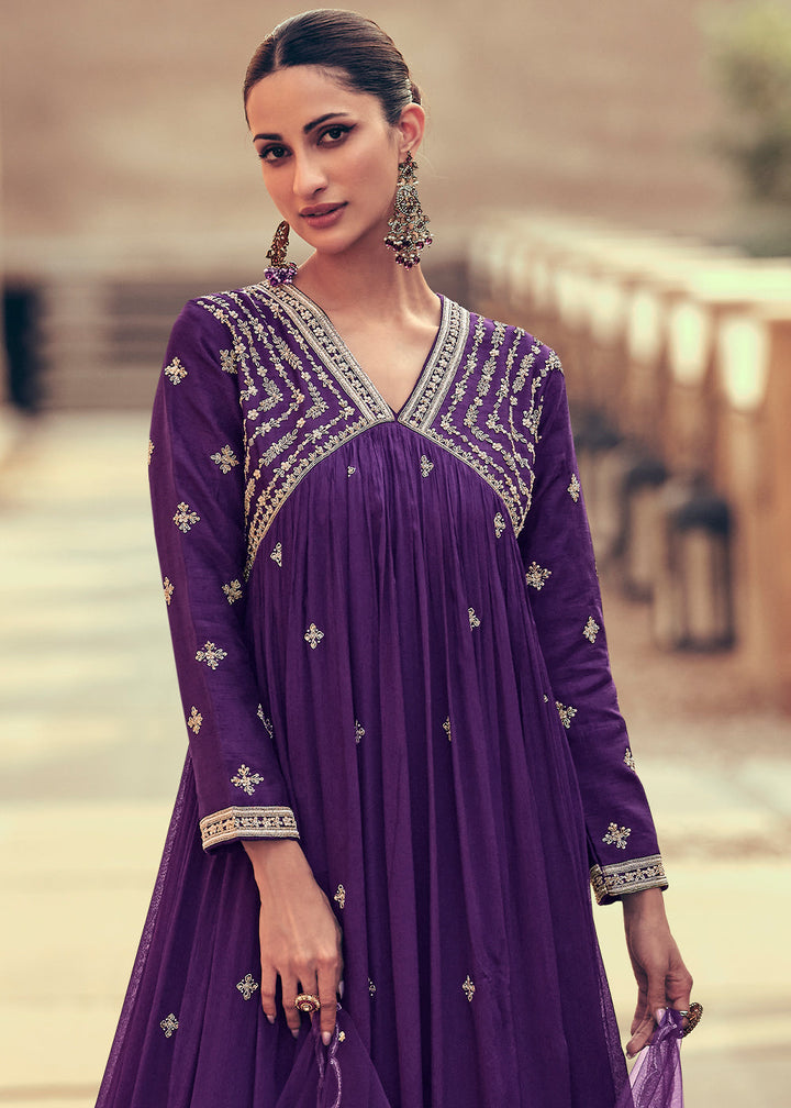 Indigo Purple Chinon Silk Designer Anarkali Suit with Floral Embroidery work