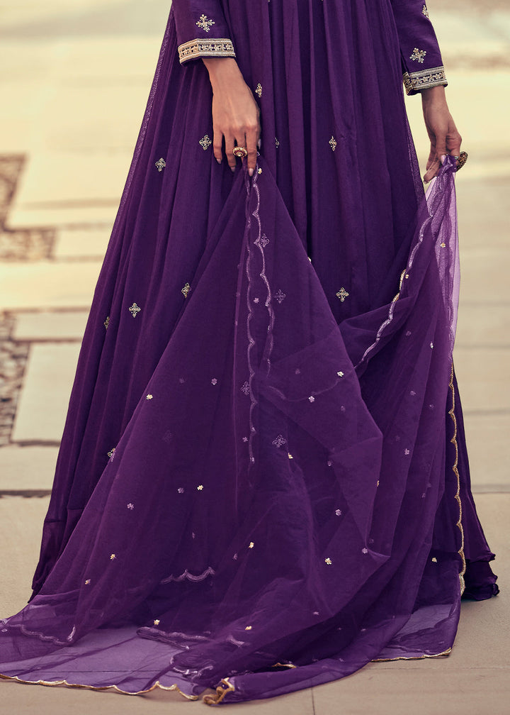 Indigo Purple Chinon Silk Designer Anarkali Suit with Floral Embroidery work