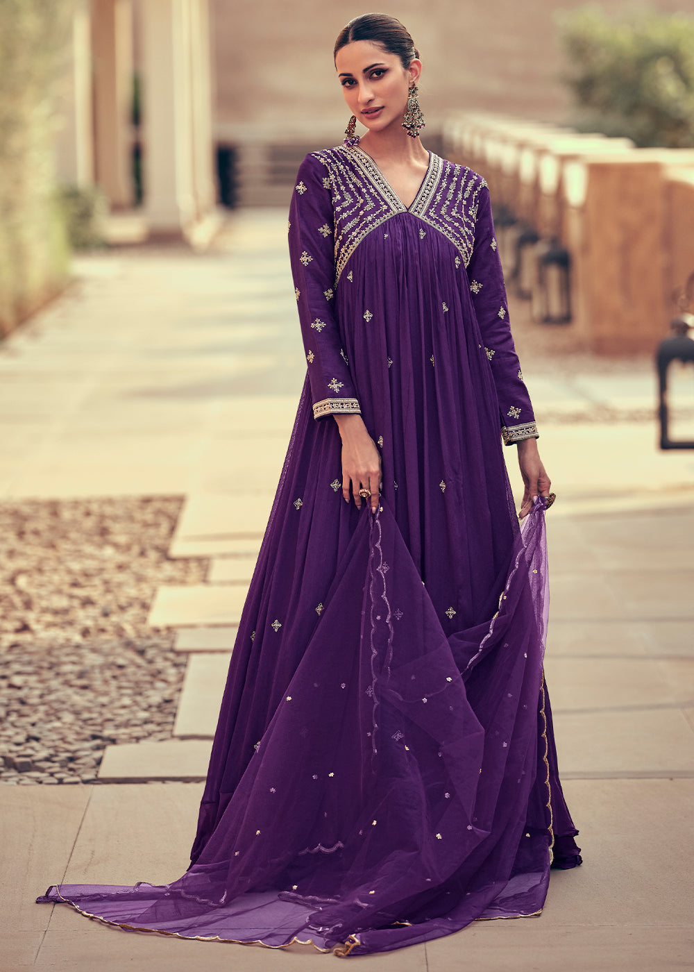 Indigo Purple Chinon Silk Designer Anarkali Suit with Floral Embroidery work