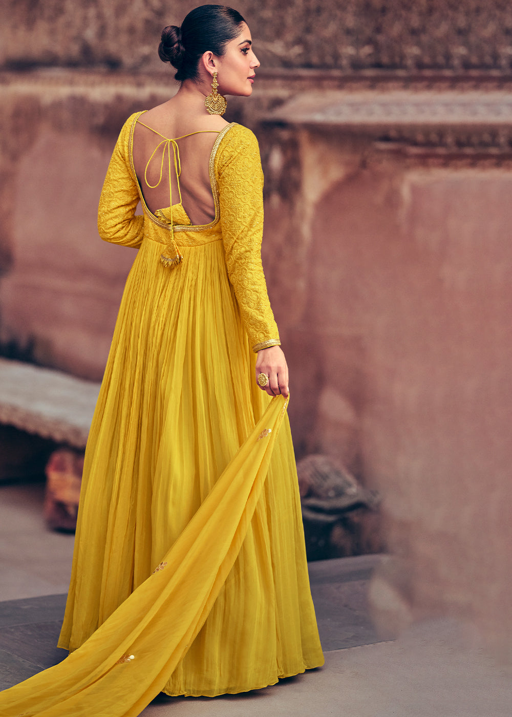 Butter Yellow Georgette Designer Anarkali Suit with Floral Embroidery work