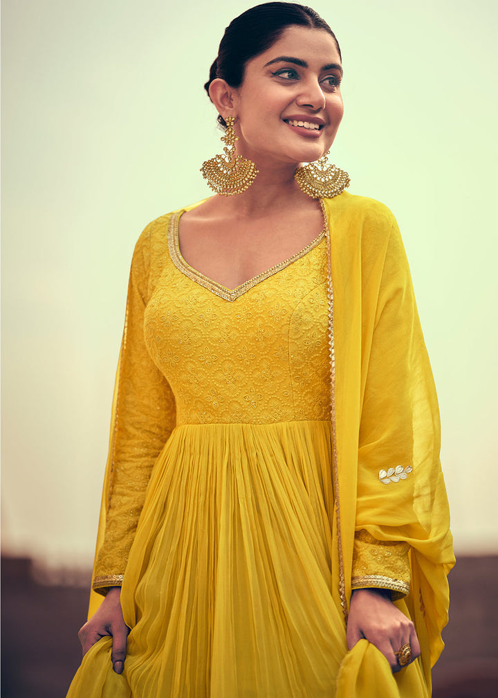 Butter Yellow Georgette Designer Anarkali Suit with Floral Embroidery work