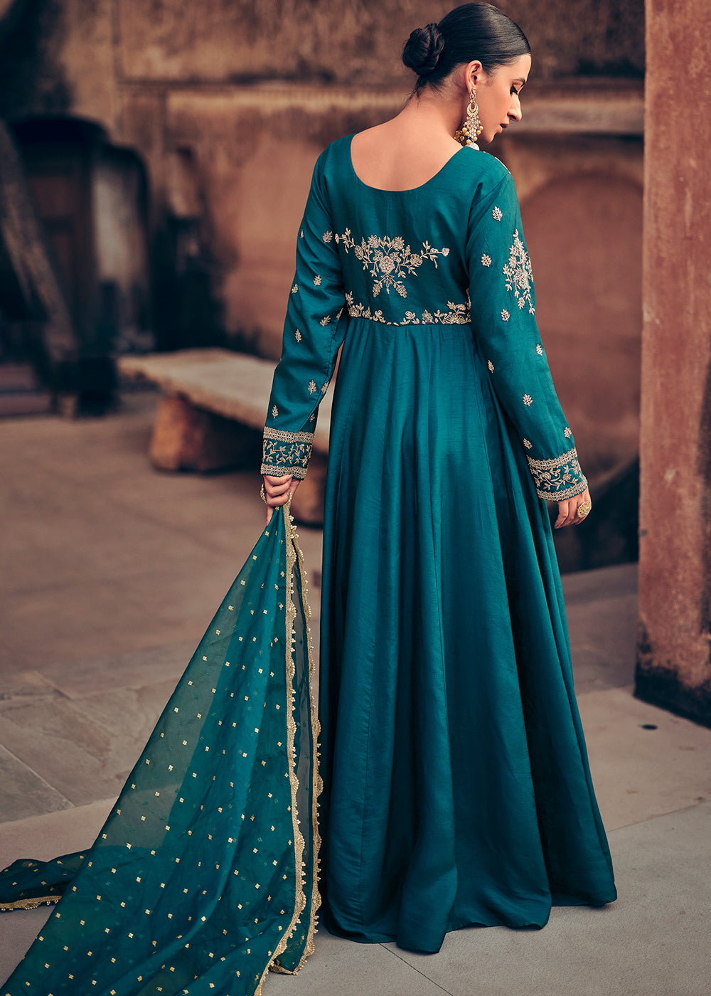 Prussian Blue Silk Designer Anarkali Suit with Floral Embroidery work