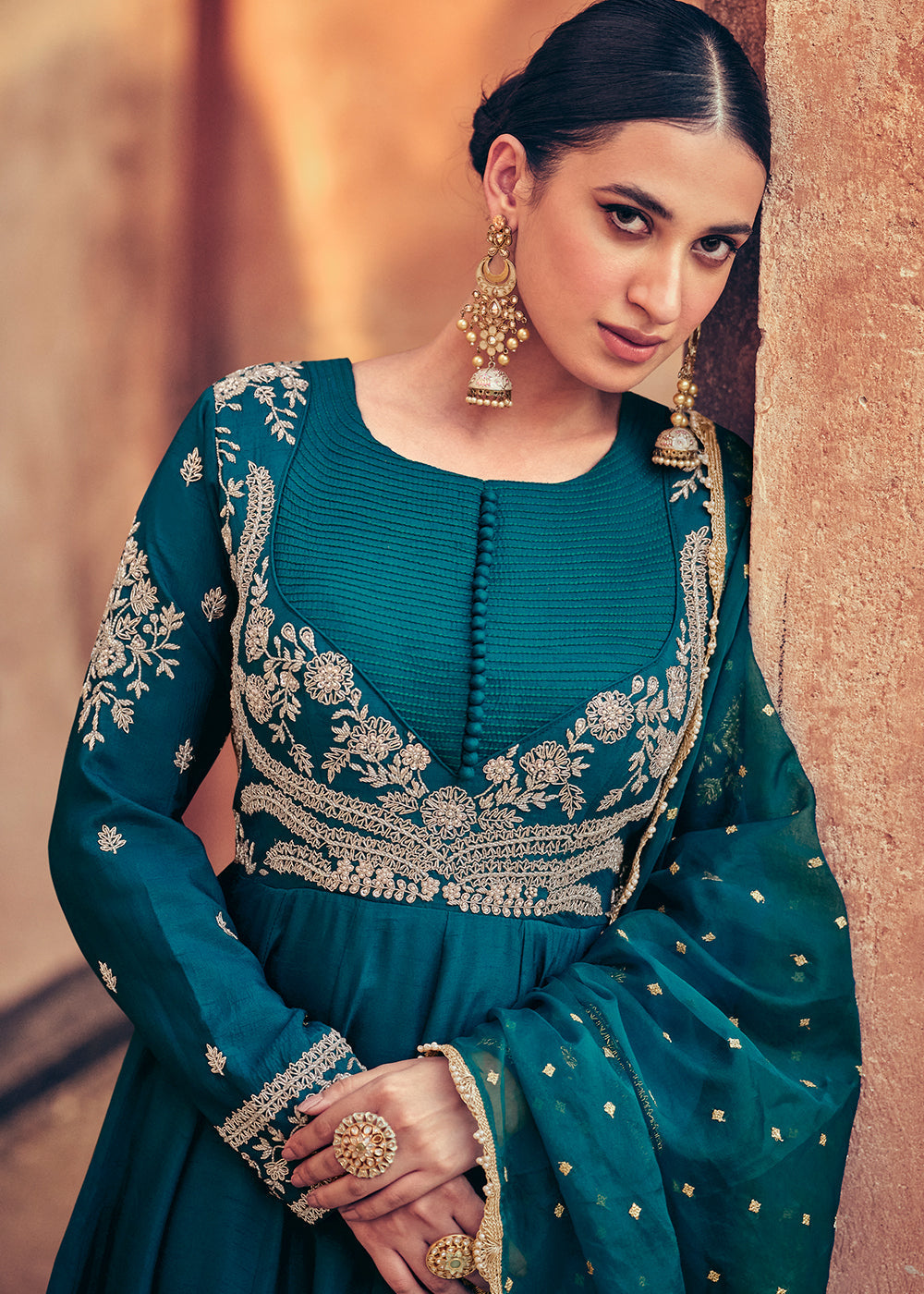 Prussian Blue Silk Designer Anarkali Suit with Floral Embroidery work