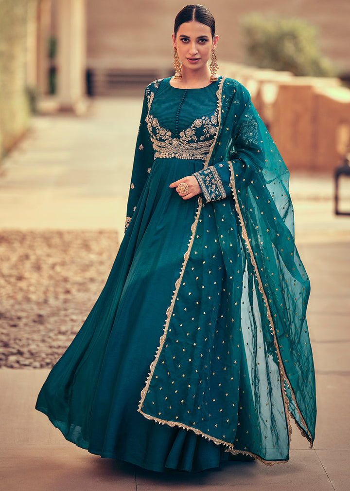 Prussian Blue Silk Designer Anarkali Suit with Floral Embroidery work