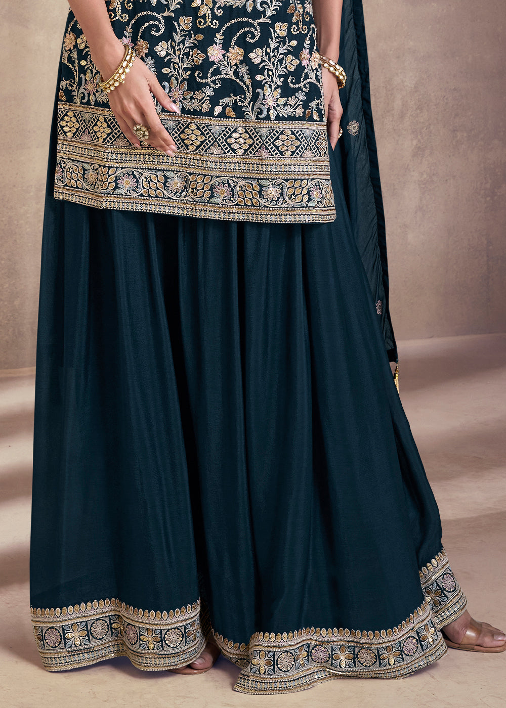 Prussian Blue Designer Embroidered Georgette Sharara Suit