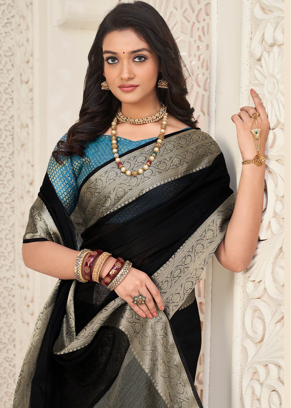 Onyx Black Designer Organza Silk Saree with Tassels On Pallu