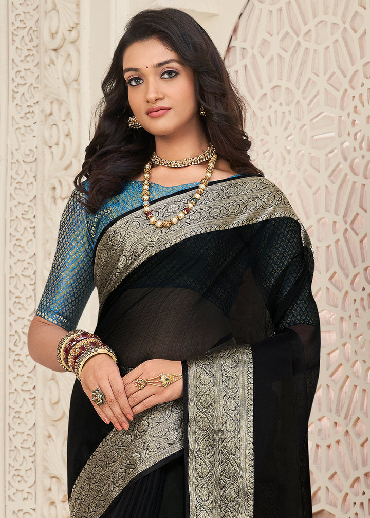 Onyx Black Designer Organza Silk Saree with Tassels On Pallu