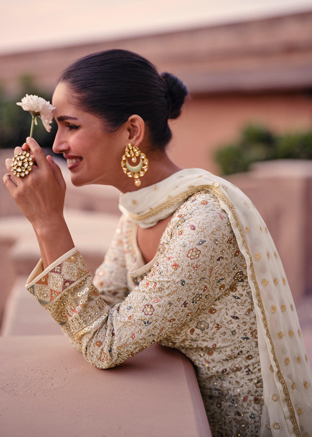 Pearl White Designer Anarkali Suit with Full Embroidery work(Pre-Order)