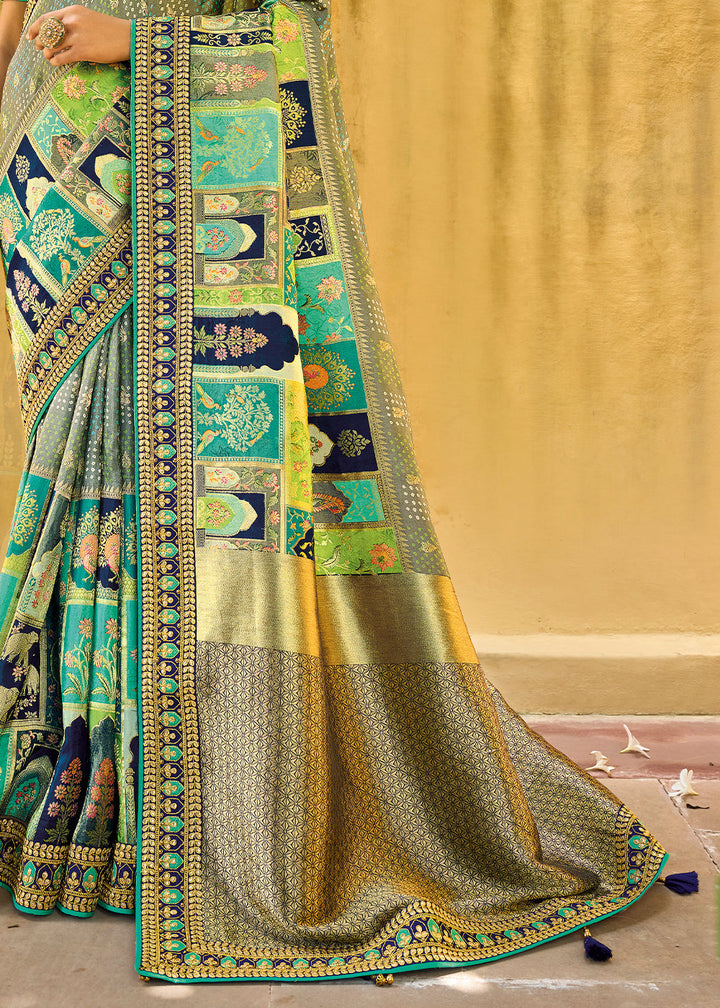 Multi Coloured Dola Silk Saree with Beautiful Embroidery work: Wedding Edition