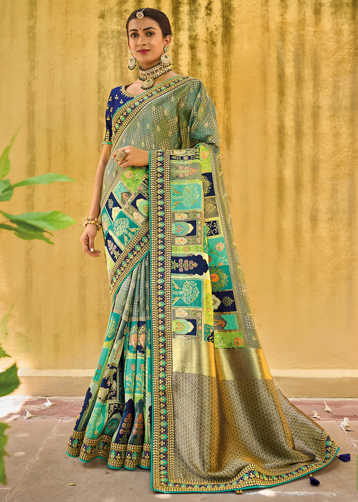 Multi Coloured Dola Silk Saree with Beautiful Embroidery work: Wedding Edition