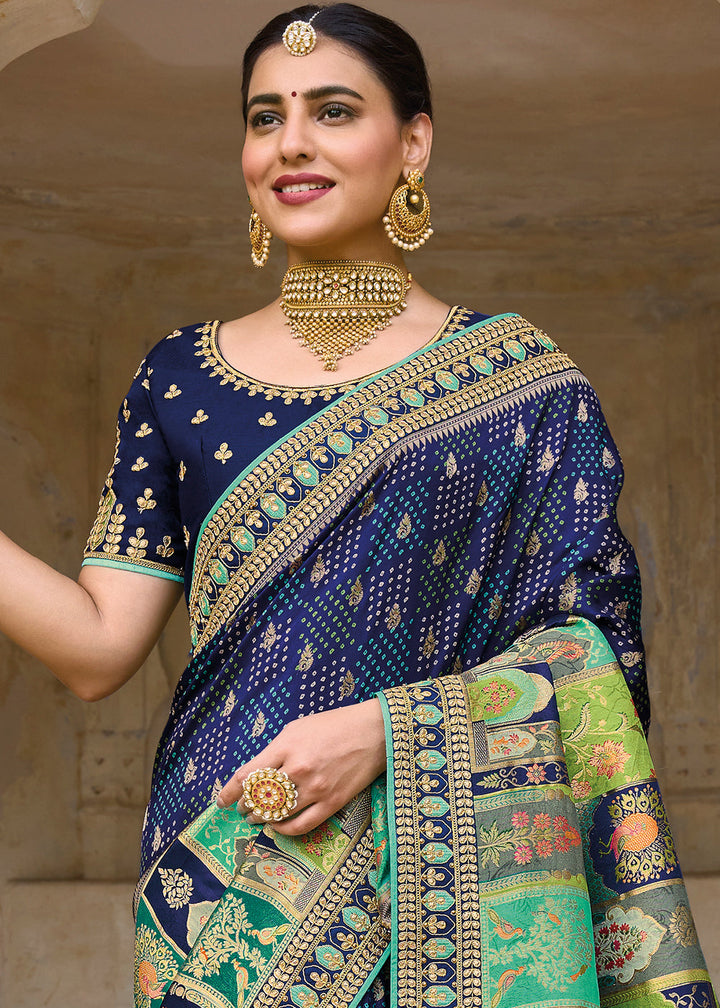 Navy Blue Dola Silk Saree with Beautiful Embroidery work: Wedding Edition