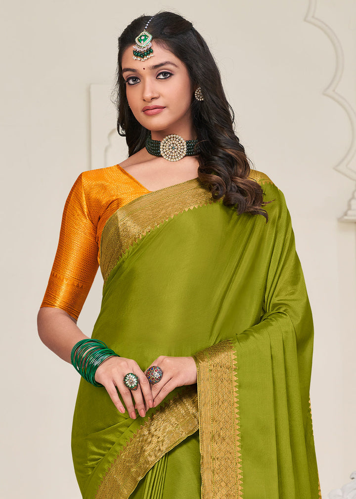 Olive Green Woven Chinon Silk Saree