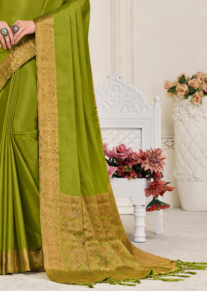 Olive Green Woven Chinon Silk Saree