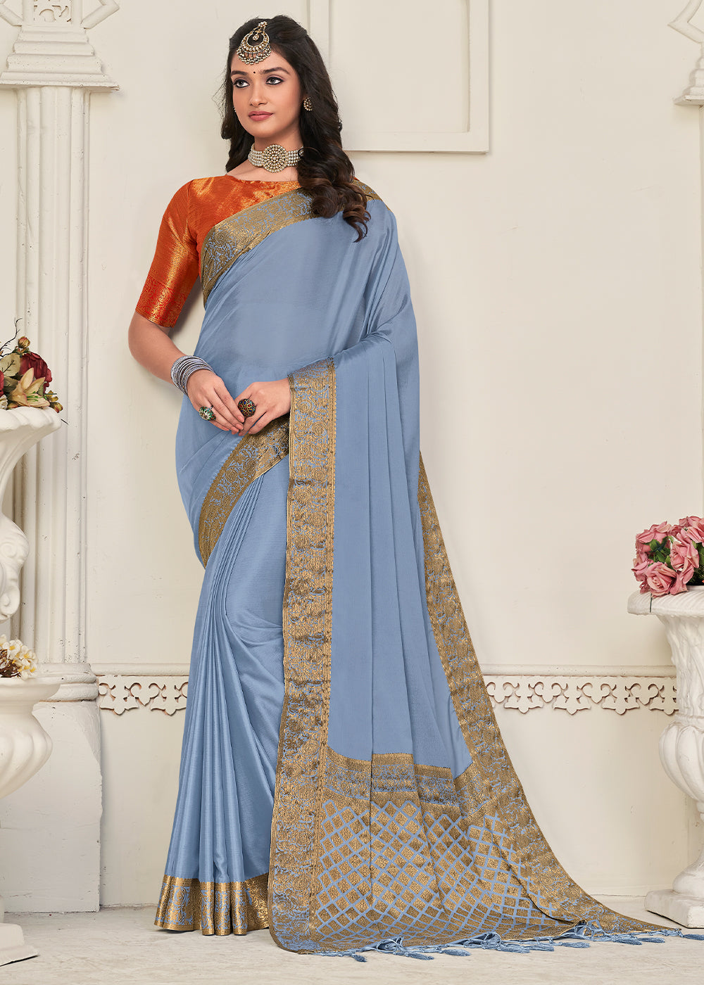 Powder Blue Woven Chinon Silk Saree