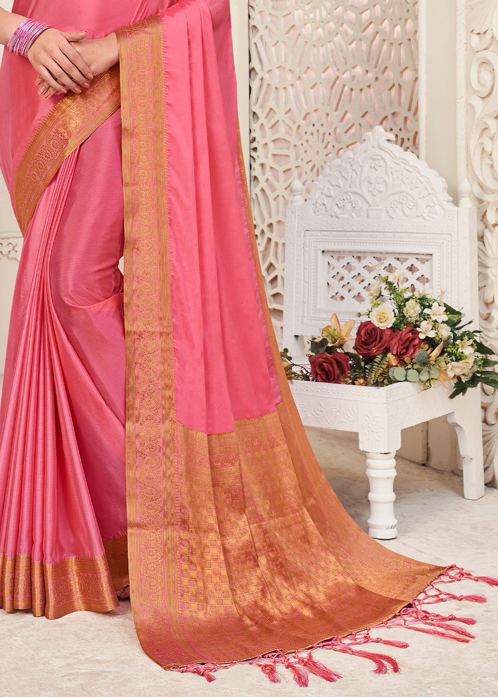 Brink Pink Woven Chinon Silk Saree