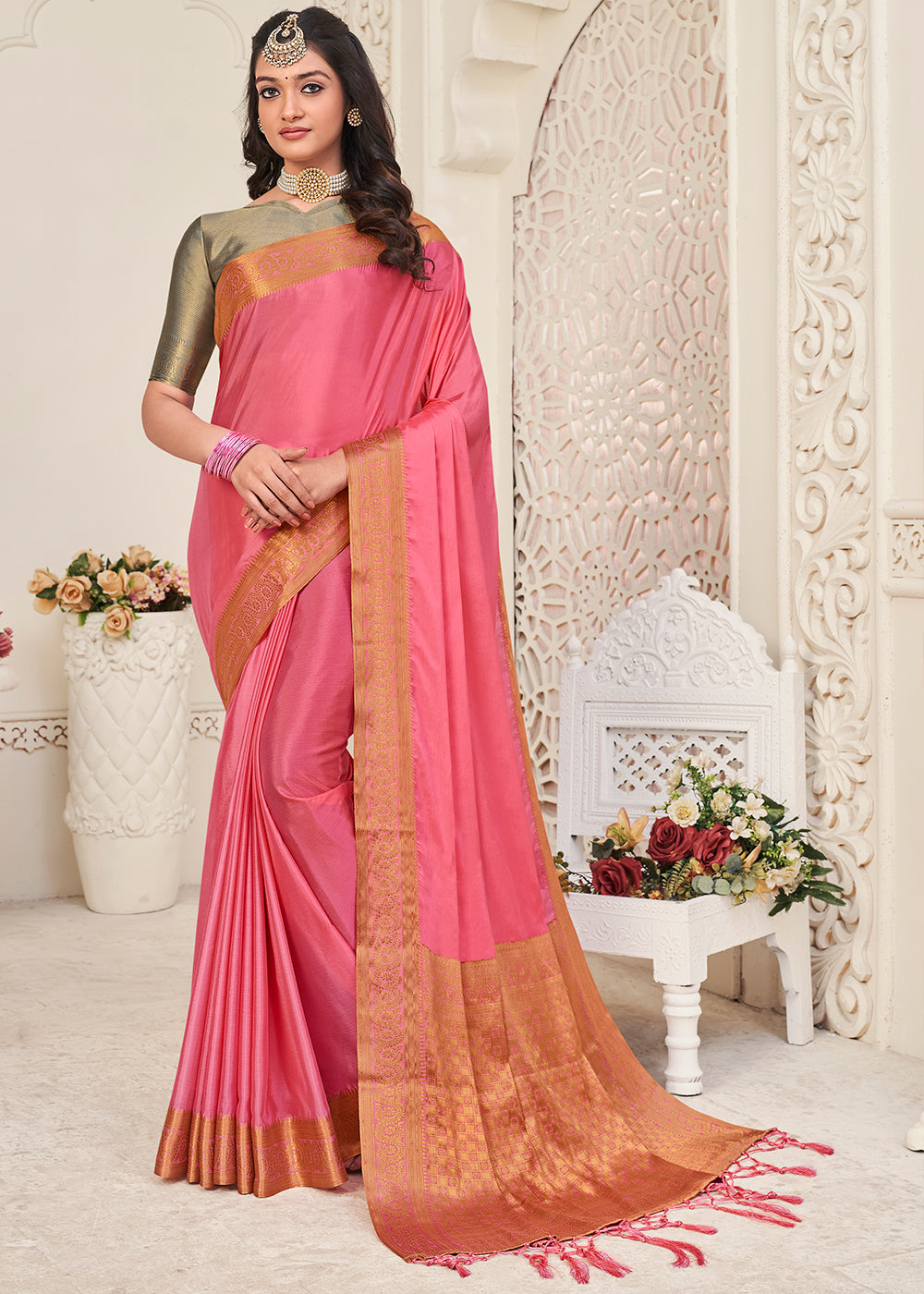 Brink Pink Woven Chinon Silk Saree