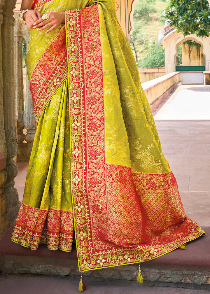 Pear Green Dola Silk Saree with Beautiful Embroidery work: Wedding Edition