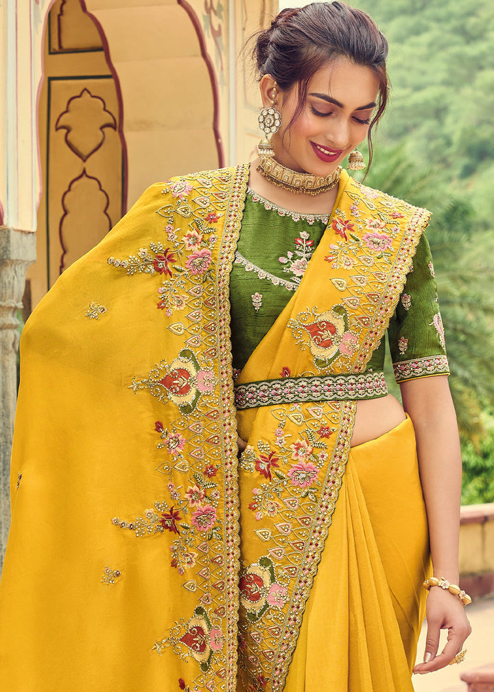 Golden Yellow Designer Organza Saree with Intricate Embroidery work