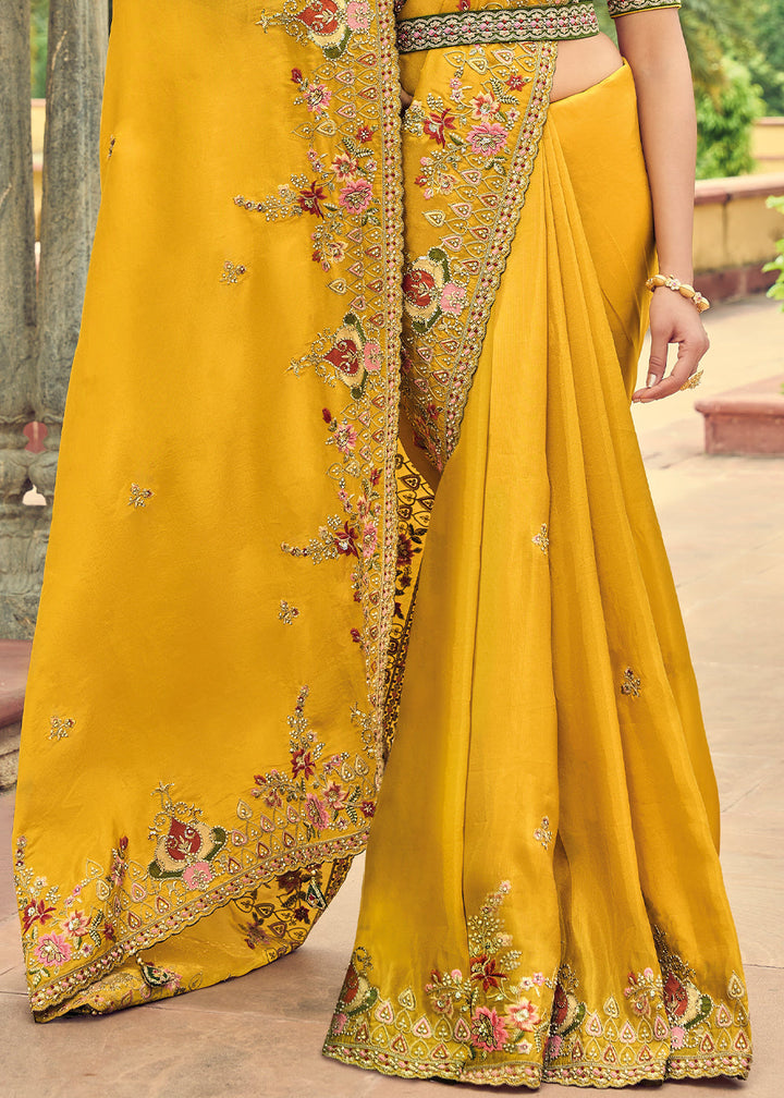 Golden Yellow Designer Organza Saree with Intricate Embroidery work