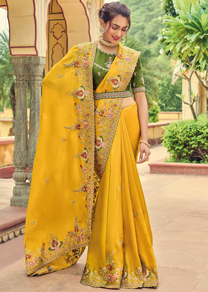 Golden Yellow Designer Organza Saree with Intricate Embroidery work