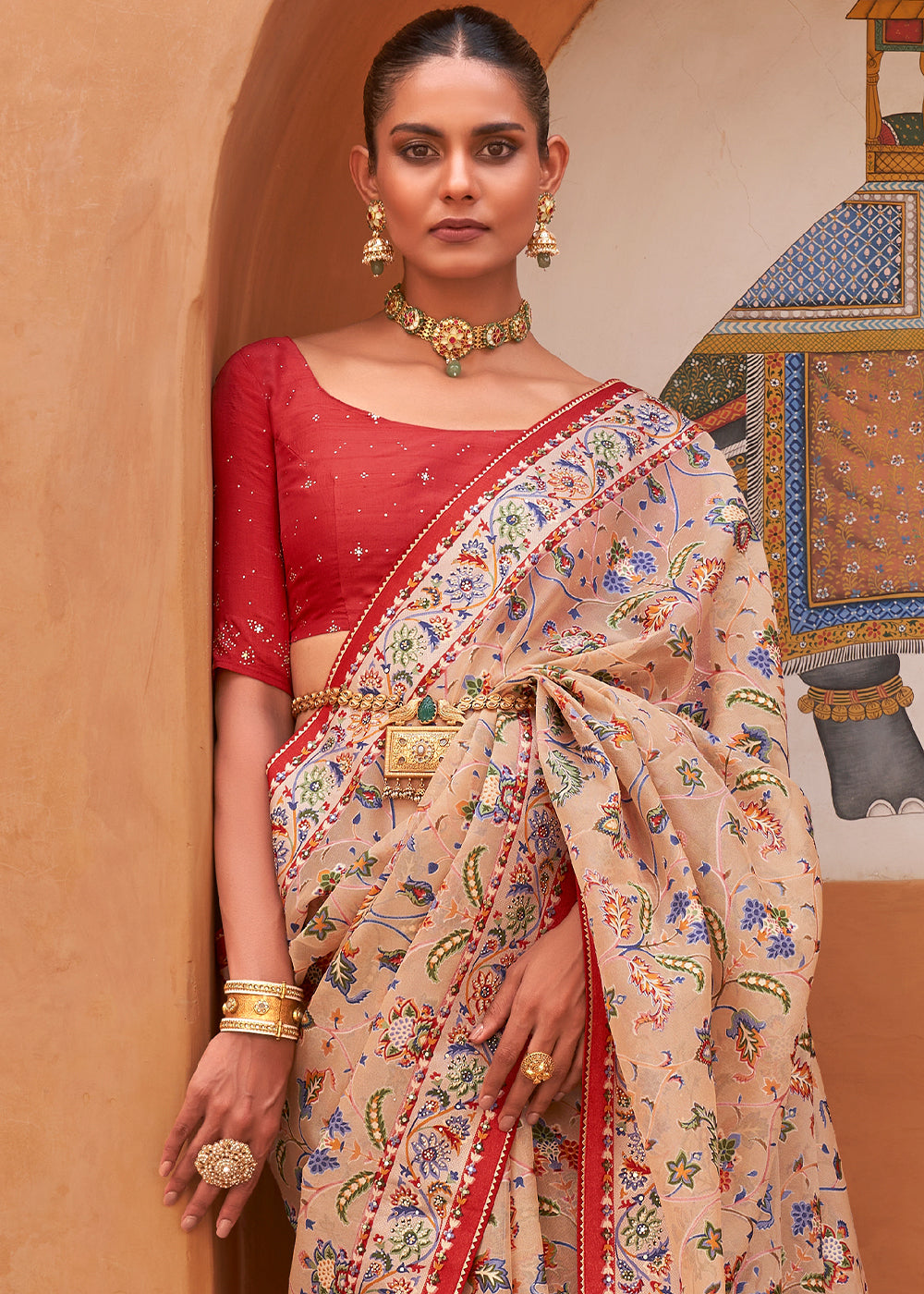 Ecru Brown Patola Printed Tissue Silk Saree with Designer Blouse