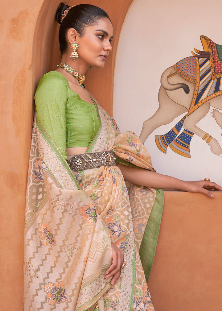 Sand Brown & Green Patola Printed Tissue Silk Saree with Designer Blouse