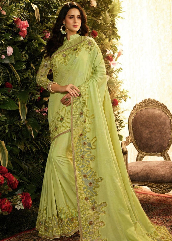 Olive Green Designer Embroidered Saree