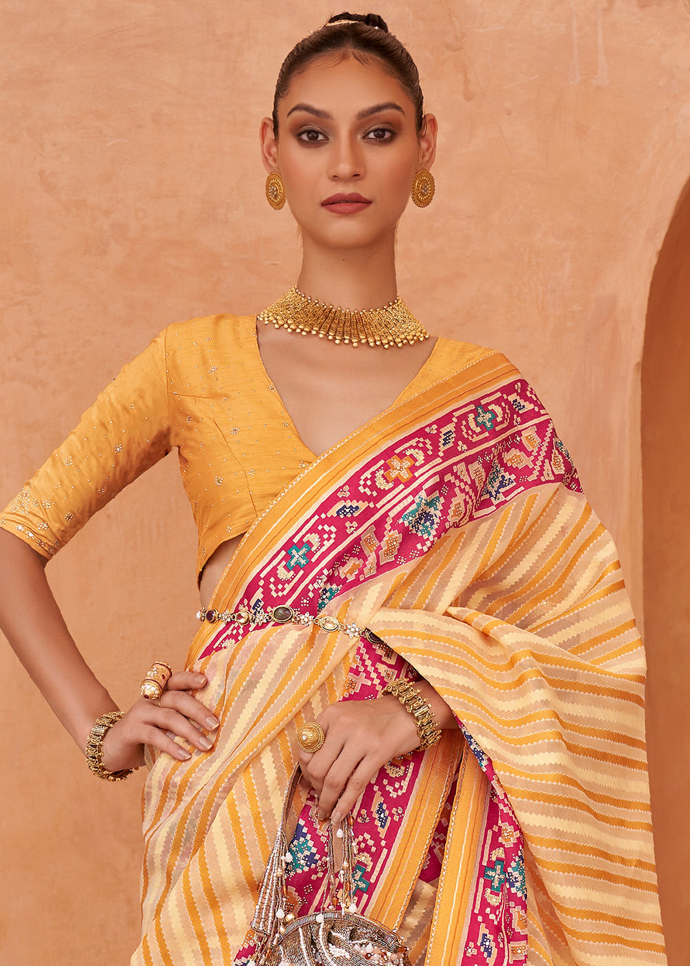 Shades Of Yellow Patola Printed Tissue Silk Saree with Designer Blouse