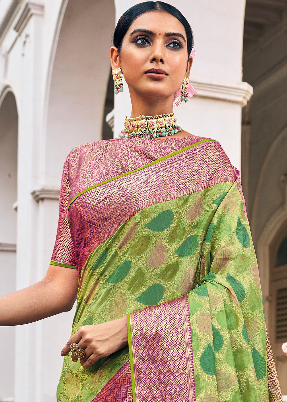 Shades Of Green Zari Woven Organza Silk Saree