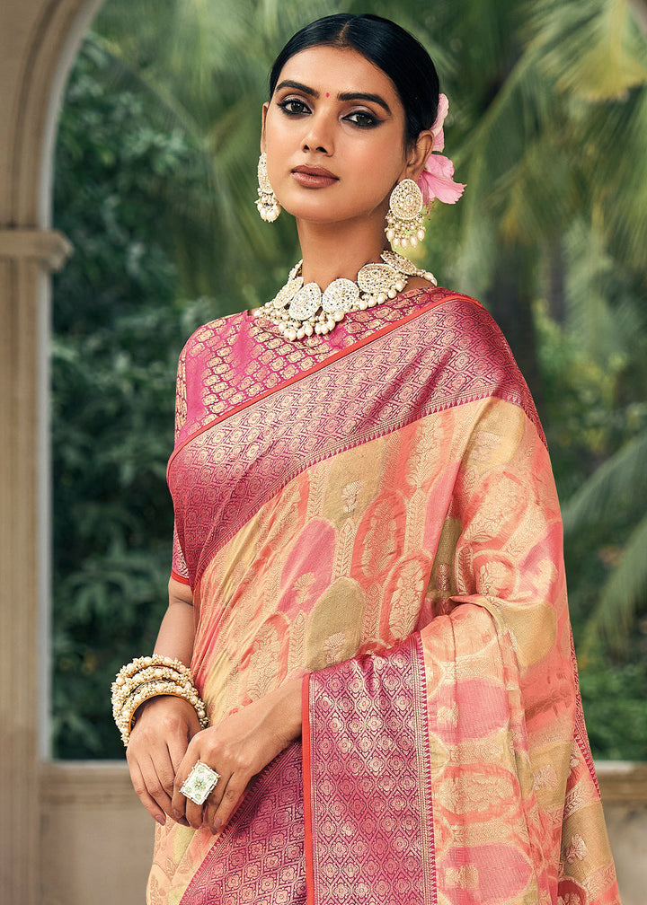 Pink & Yellow Zari Woven Organza Silk Saree