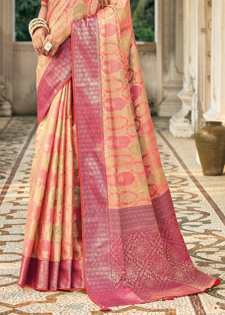 Pink & Yellow Zari Woven Organza Silk Saree