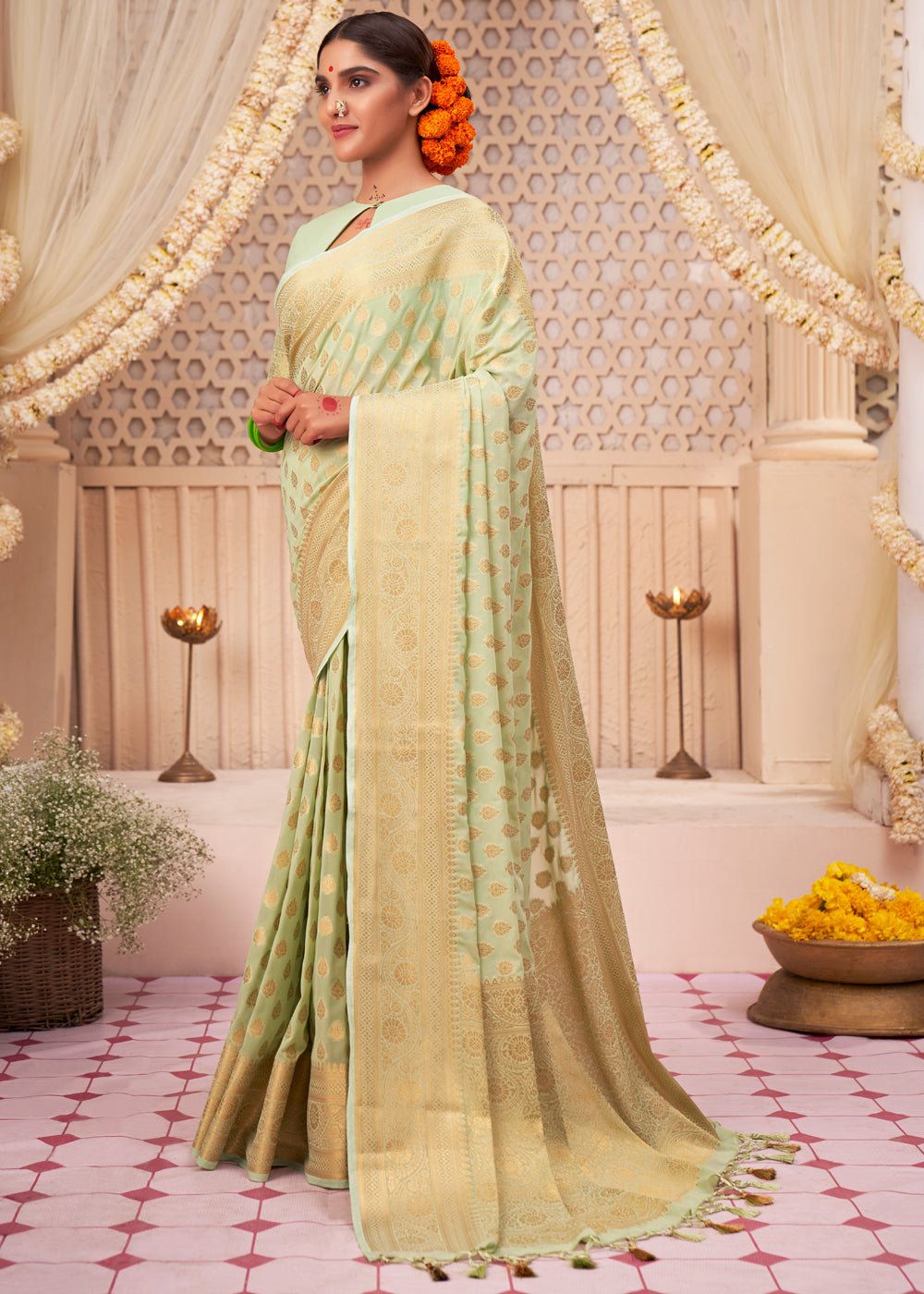 Light Green Woven Georgette Saree