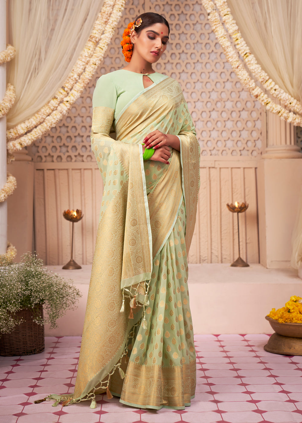 Light Green Woven Georgette Saree