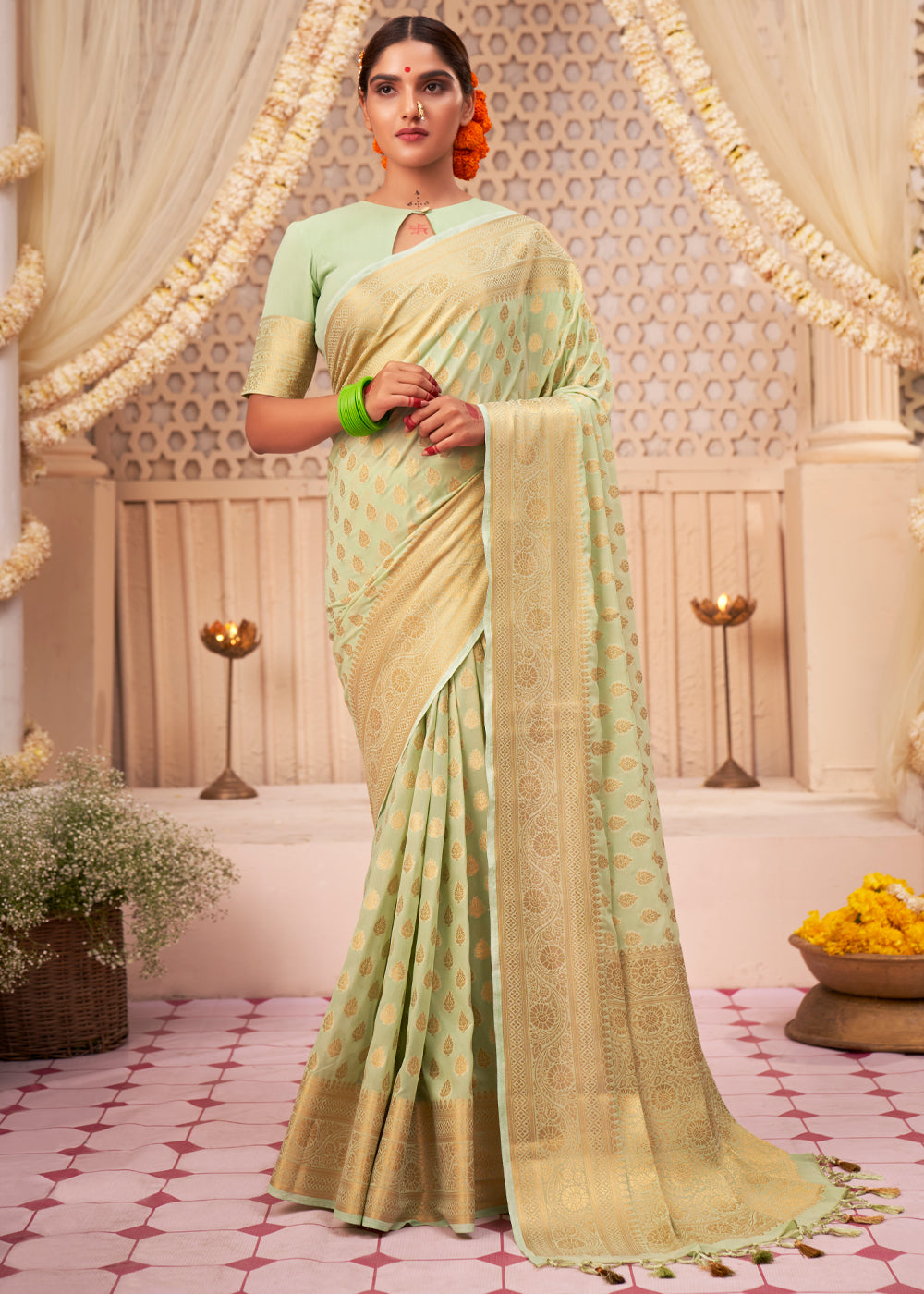 Light Green Woven Georgette Saree