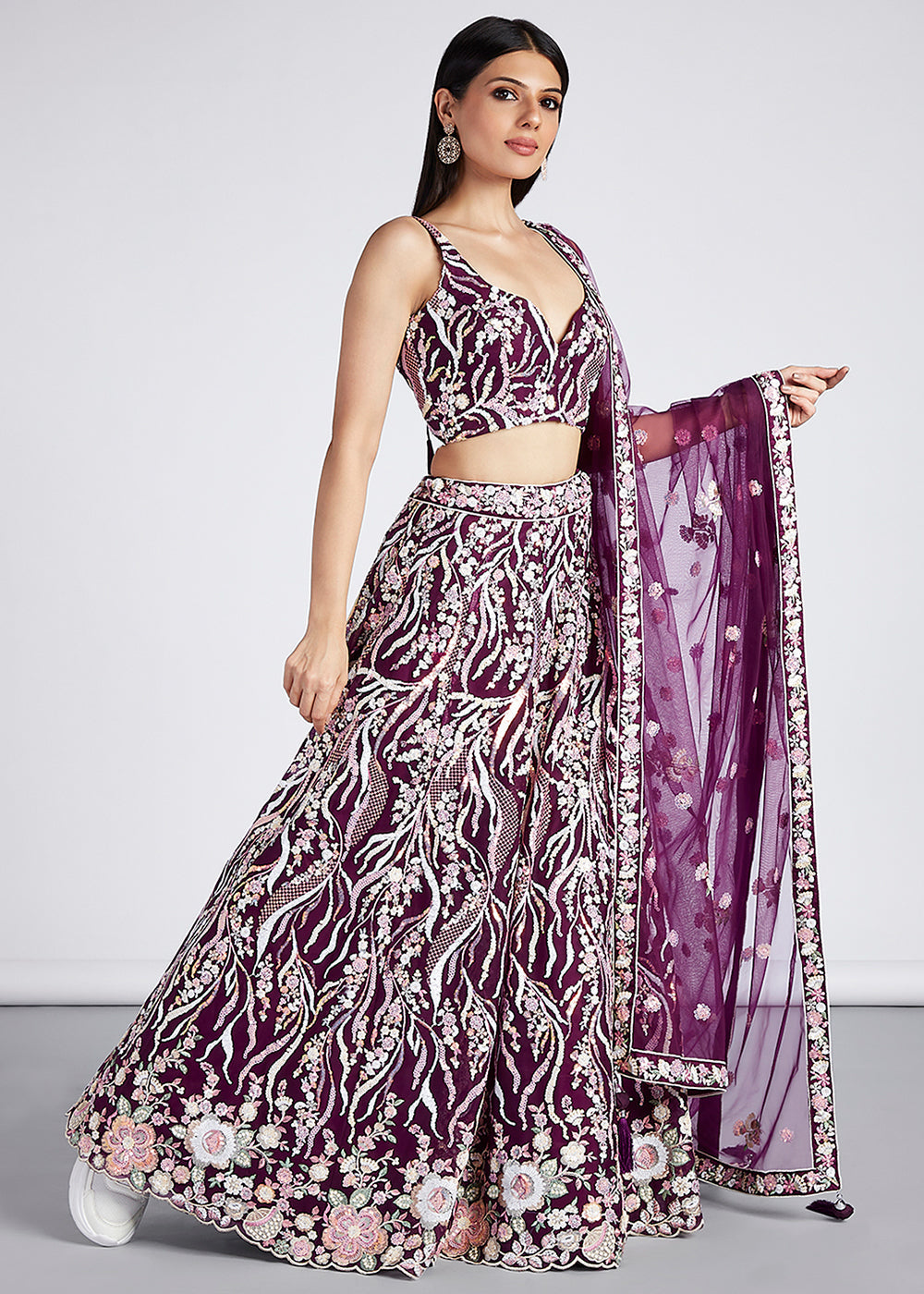 Tyrian Purple Net Lehenga Choli With Sequins & Thread Embroidery Work