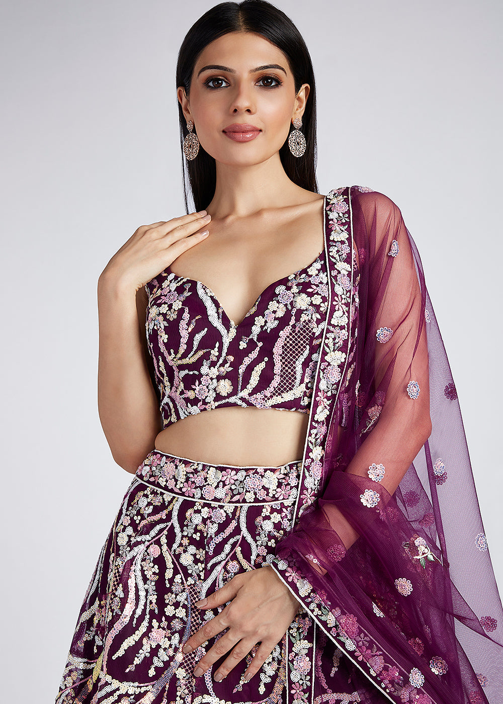 Tyrian Purple Net Lehenga Choli With Sequins & Thread Embroidery Work