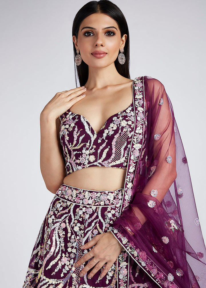 Tyrian Purple Net Lehenga Choli With Sequins & Thread Embroidery Work