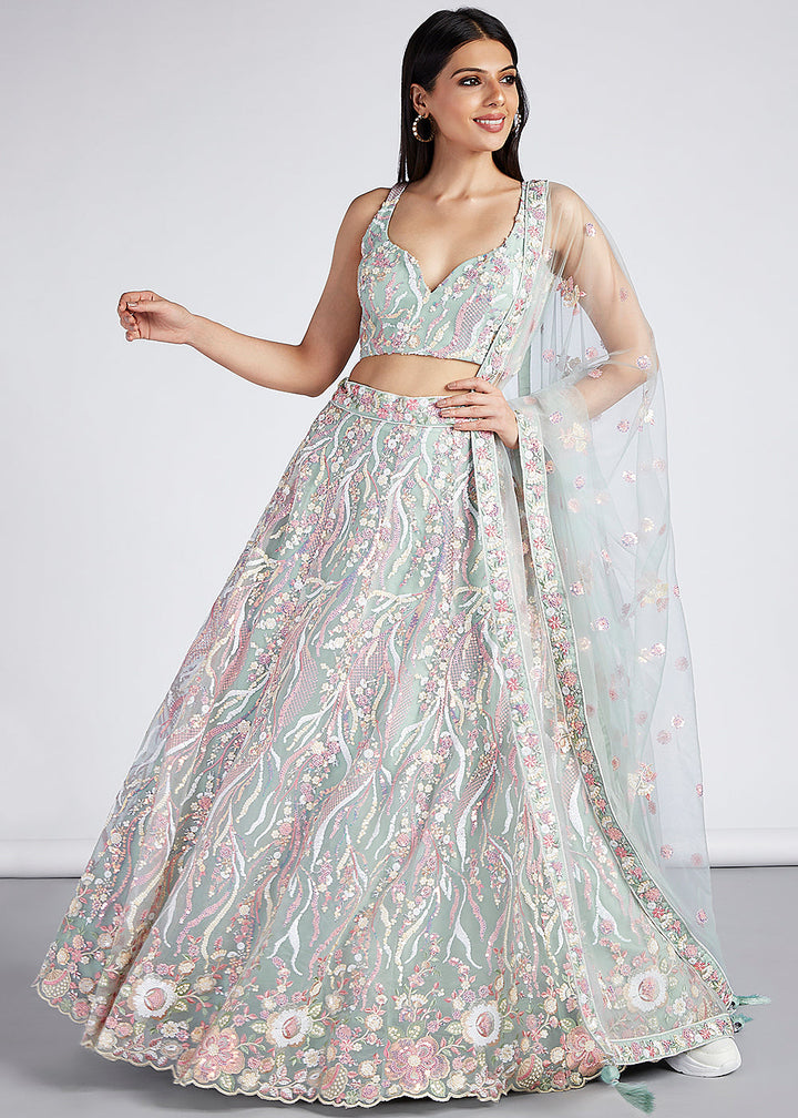 Tea Green Net Lehenga Choli With Sequins & Thread Embroidery Work