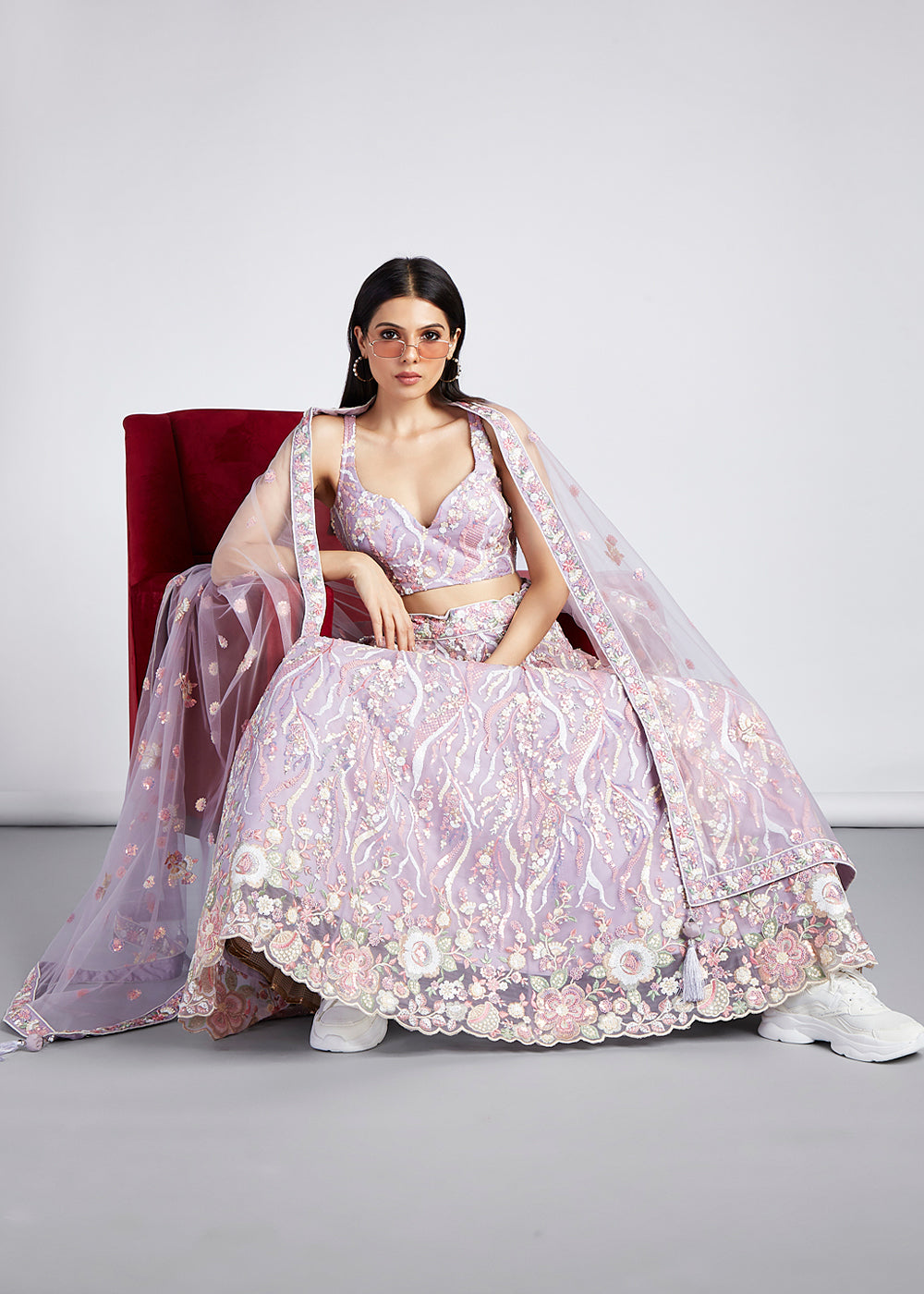 Lilac Purple Net Lehenga Choli With Sequins & Thread Embroidery Work