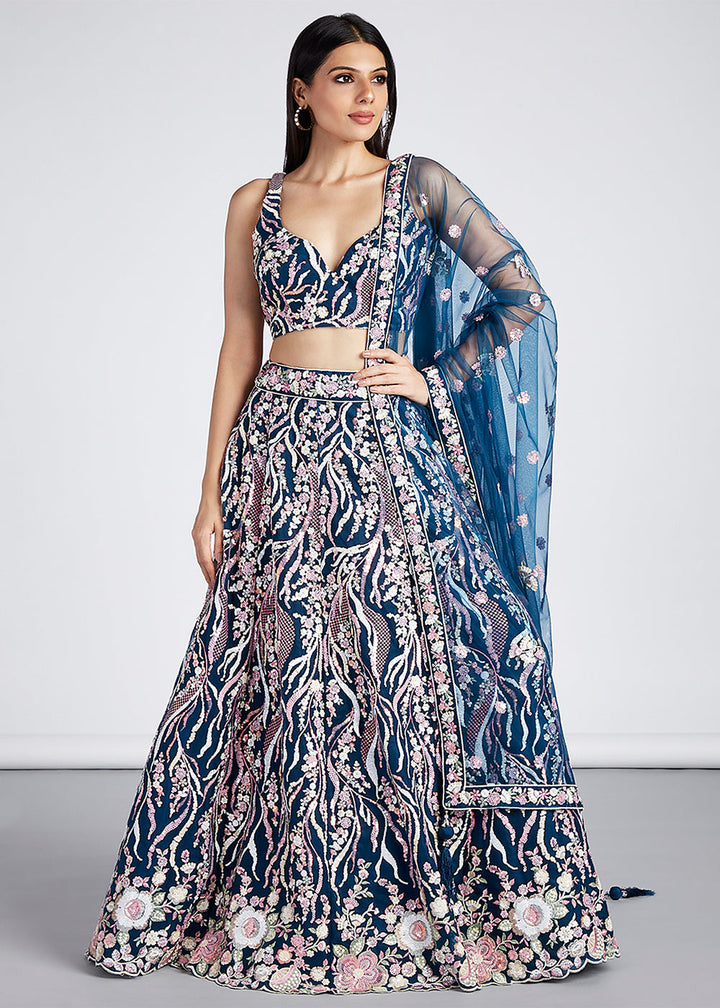 Navy Blue Net Lehenga Choli With Sequins & Thread Embroidery Work